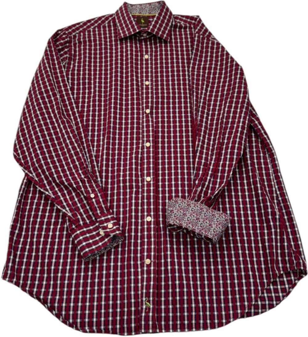 Tailorbyrd Red Navy Gingham Shirt, Floral Contrast Collar and Cuffs, Men's 2XL
